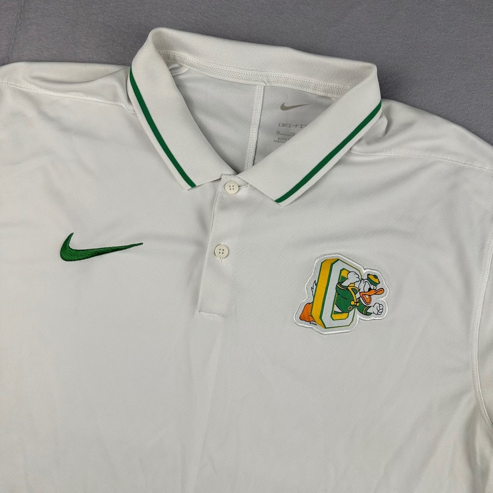 Nike Oregon Ducks Dri-FIT Polo Shirt Mens XL White Puddles Donald Duck Mascot